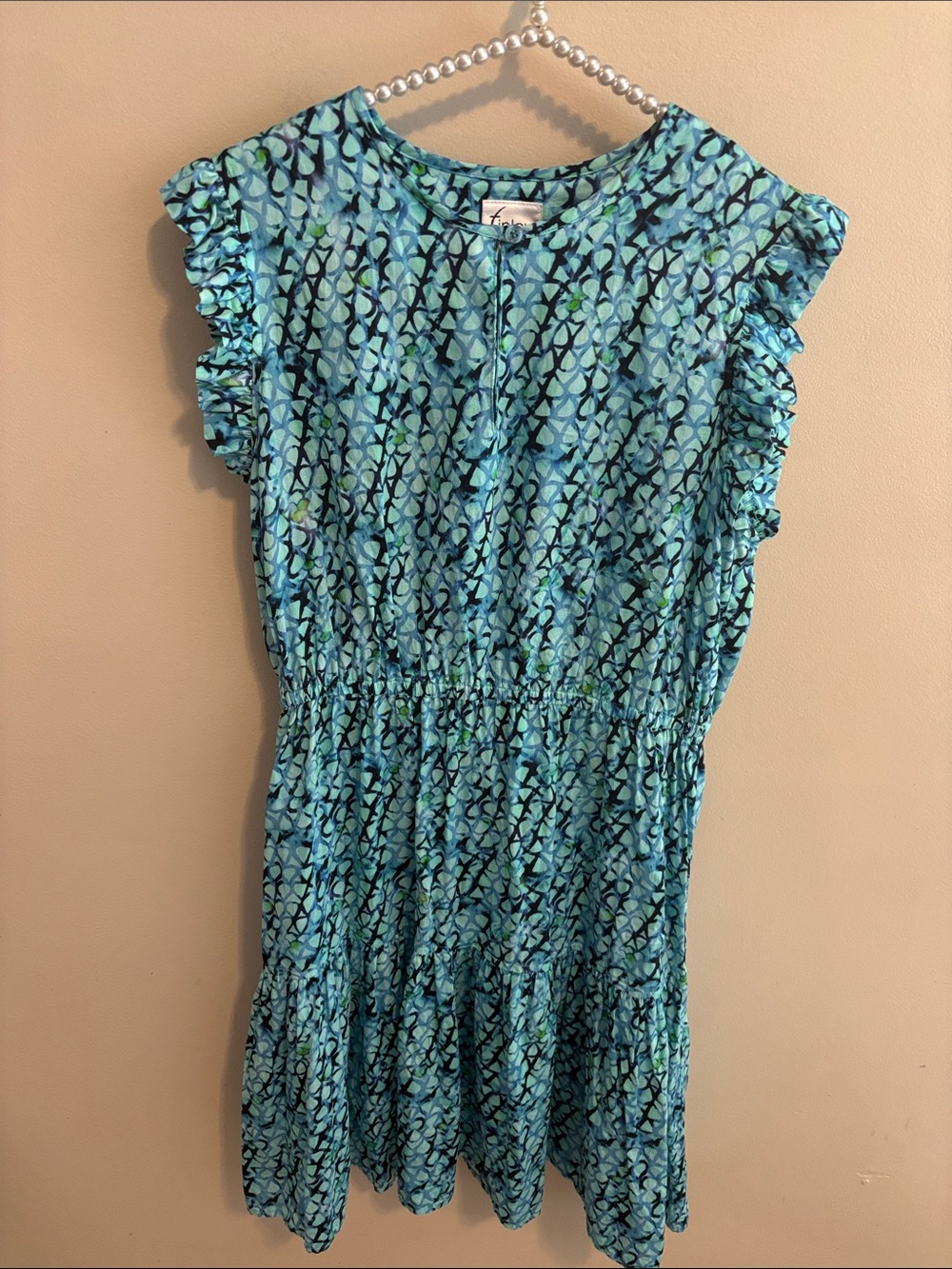 Finley Dress Womens Small Blue Printed 100% Cotton Ruffle Flutter Sleeve